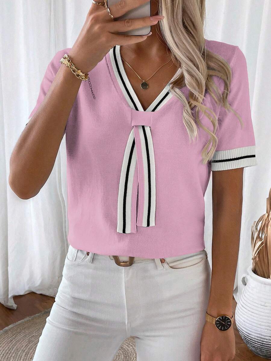 SHEIN LUNE Women's V-Neck Raglan Striped Loose Comfortable Knit Top, Summer Golf White Basic Sexy - Baby Pink - View 1