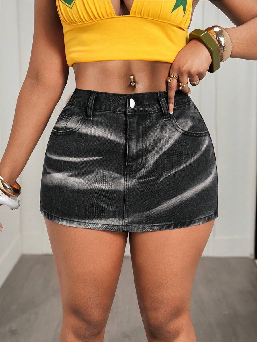 Flexra Chân váy denim nữ màu trơn, dáng ôm, có túi xéo, kiểu dáng thường ngày. - Màu xanh lam - Xem 1
