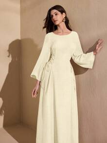 Graceveil Round Neck Solid Color Drawstring Tie Waist Dress - Apricot - View 4