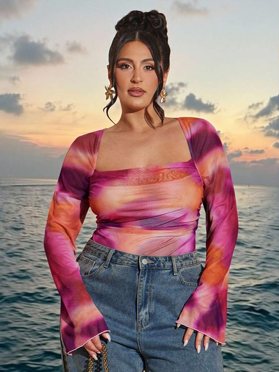 SHEIN BAE 度假性感修身扎染印花连体衣 - 彩色 - 查看 1