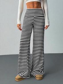 SHEIN Tall 女款摺腰運動休閒條紋喇叭褲，適合高個女性 - 黑與白 - 查看 3
