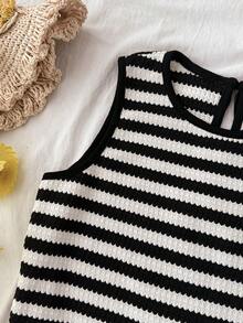 Mädchen Tween 2 Stücke Koordinations-Set mit gestreiftem Strick-Schmetterling-Rücken-Top und Shorts, schwarz-weiß gestreift, lässig für Frühling/Sommer, Urlaub, Nachmittagstee, Strand, Kreuzfahrt, Städtereise, Musikfestival, Boho-Urlaub - Schwarz und Weiss - Übersicht 4