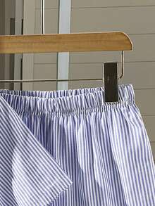 2pcs/Set Girls Bowknot Striped Print Outfit, Shirt Tee And Shorts, Suitable For Commuting And Daily Wear - Blue - View 4