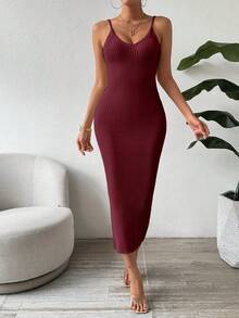 SHEIN Clasi 女士休闲无袖修身罗纹针织连衣裙 - 紅色 - 查看 5