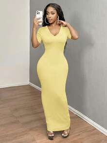 SHEIN SXY 女士纯色V领修身短袖连衣裙 Hoco连衣裙 - 淡黃色 - 查看 3