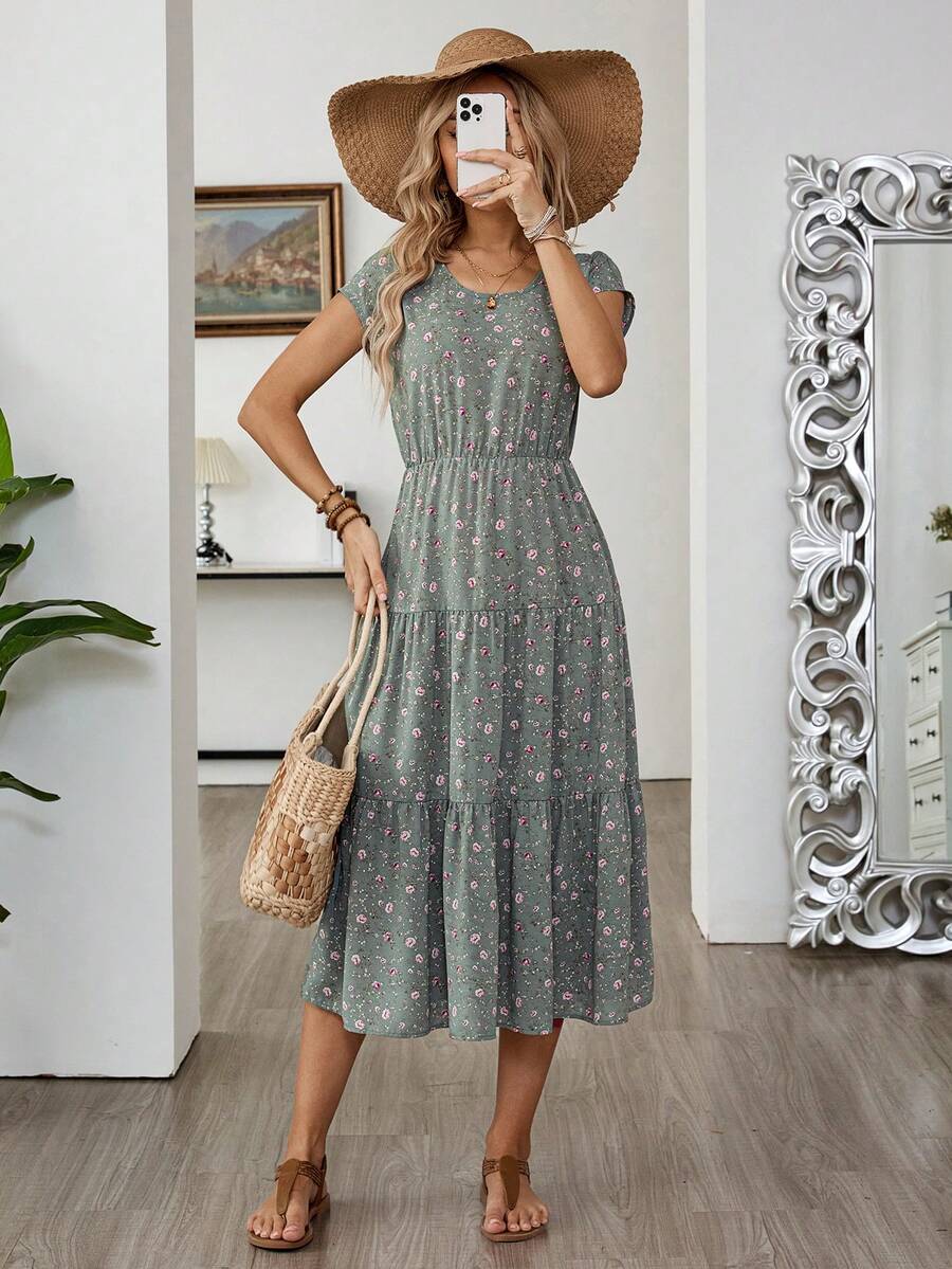 EMERY ROSE Women's Casual Ditsy Floral Vacation Dress - Green - View 1