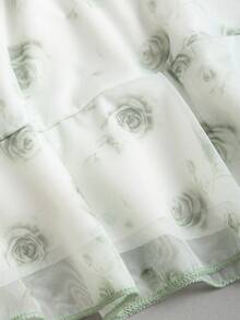 Sweetra Đầm ngắn màu xanh lá cây mới dành cho nữ, đầm mùa hè in hoa bằng vải lưới, kiểu dáng thanh lịch, lãng mạn, thời trang với đường viền xếp nếp bất đối xứng. - màu xanh lá - Xem 5