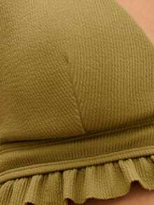 Nöista Olive Green Ribbed Bikini Set,Halter Triangle Top Adjustable Straps High-Waist Ruffle Hem Bottoms,Summer Casual Beach Holiday Two Piece Swimwear - Olive Green - View 8