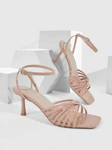 CUCCOO SZL Giày sandal cao gót nữ mùa hè mới, màu vàng ánh kim, quai chéo, thời trang, quyến rũ, gợi cảm, gót nhọn mũi vuông, hở mũi. - # Màu hạnh nhân sắt - Xem 1