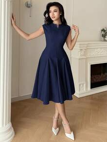 Feyla Women's Solid Color Elegant Fitted Short Dress, Summer - Navy Blue - View 5