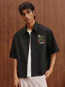 TOKVUE Camisa casual de manga corta con hombros caídos y estampado para hombre, verano - Negro - Ver 3