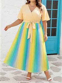 SHEIN CURVE+ Curve 尺码 US22 音乐节、海滨度假、波西米亚风女士彩虹褶皱V领灯笼袖系带背心毕业礼服婚礼宾客礼服女士学位模拟礼服女士沙滩裙女士假日太阳裙生日礼服女士骄傲节女士礼服优雅礼服女士休闲礼服女士生日礼服女士夏季礼服女士夏季礼服 - 彩色 - 查看 4