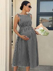 MaterniWear 孕婦格紋印花扭轉前襟無袖休閒 1960 年代風洋裝，夏季 - 黑與白 - 查看 5