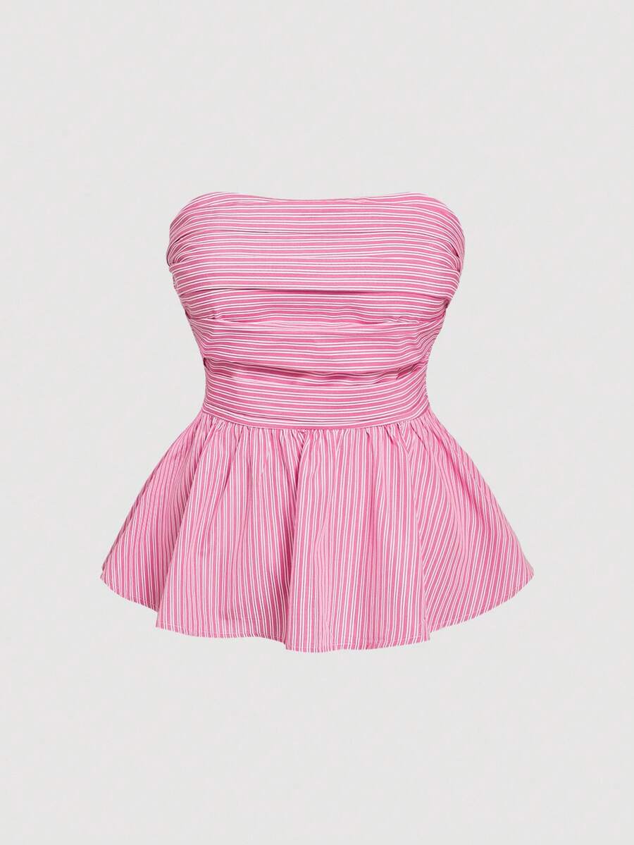 SHEIN MOD Plus Size Women Striped Bandeau Tight Fitted Cropped Top - Hot Pink - View 1