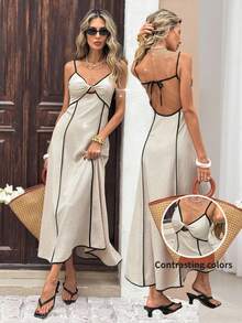 SHEIN Frenchy Đầm hai dây hở lưng, phối viền tương phản dành cho nữ - Màu be - Xem 1