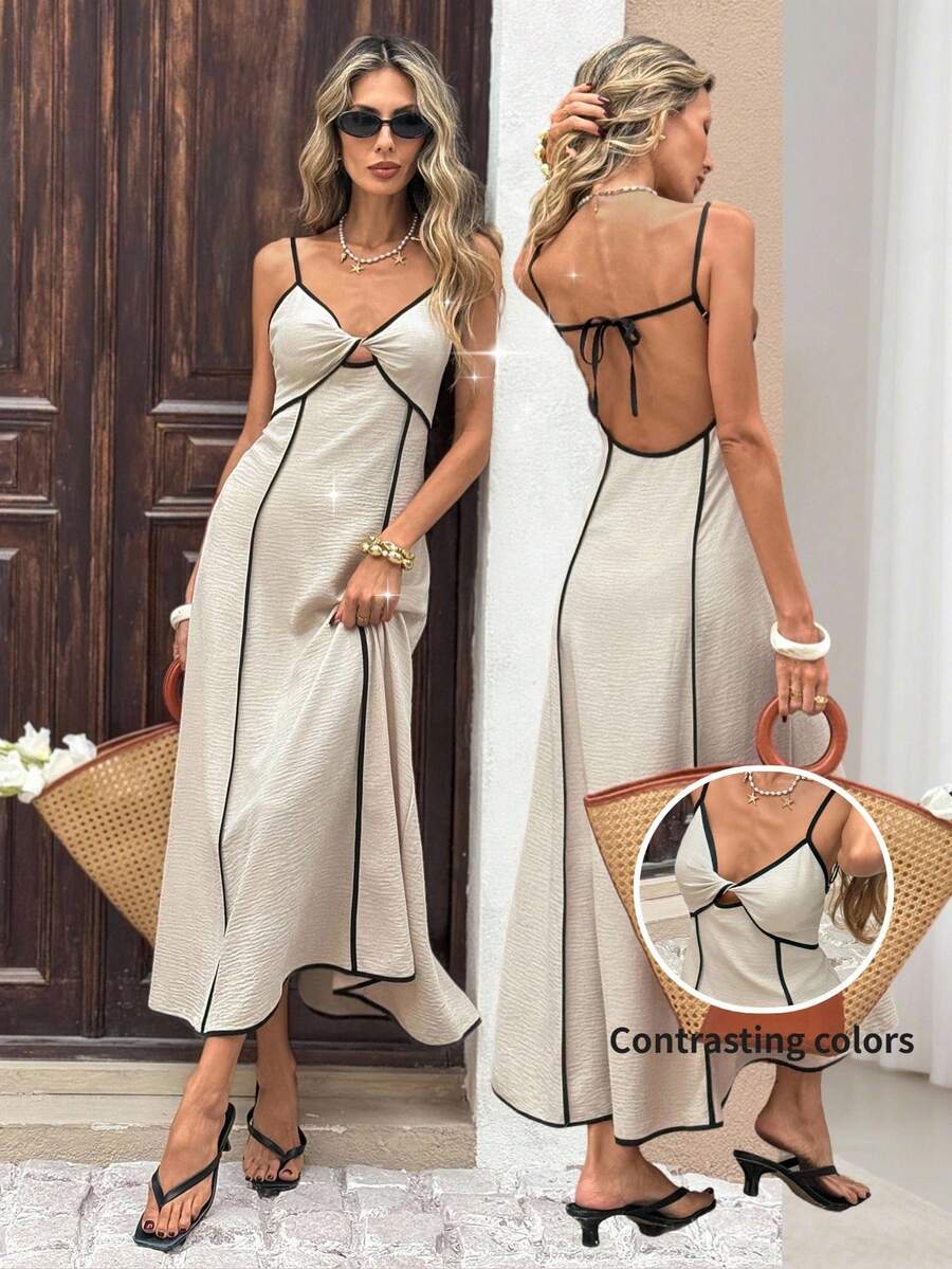 SHEIN Frenchy Đầm hai dây hở lưng, phối viền tương phản dành cho nữ - Màu be - Xem 1