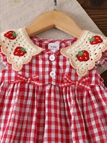 Souflis Souflis Toddler Girls' Soft & Sweet Strawberry Embroidery Lace Collar Plaid Cap Sleeve A-Line Dress. Symmetrical Bow Decor At Waist, Breathable Cotton Fabric, Cute Outfit For Everyday Wear, Birthday Party, Family Gathering, Suitable For 0-3 Years Old - Red - View 6