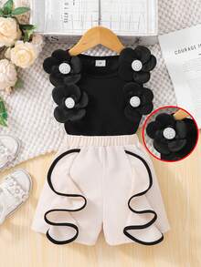 Girls' Sweet Design Set, Spring/Summer, 3D Flower & Pearl Decor Sleeveless Top + Contrast Ruffle Hem Shorts, 2pcs Set, Casual, Party, Daily Wear - Black - View 4