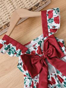 SHEIN Genkimix Kids Young Girl' Floral Print Exposed Waist Bow Decor Elegant Cap Sleeve Dress, Suitable For Summer Outings, Vacations, Parties - White - View 6