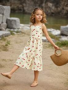 Young Girl Cherry Print Ruffle Hem Camisole Dress - White - View 4