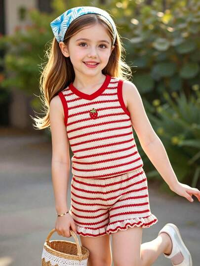 SHEIN Vintaside Kids 两件套女童可爱草莓刺绣针织条纹无袖V领背心和荷叶边运动短裤，活泼可爱，适合居家和户外穿着，休闲时尚，夏季新品