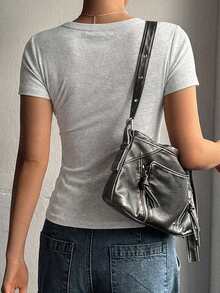 DAZY Áo thun nữ mặc thường ngày đi làm phong cách casual, màu trơn, dệt gân, dễ phối đồ, tay ngắn, dáng ôm, crop top Y2K mùa hè - Màu Xám nhạt - Xem 5