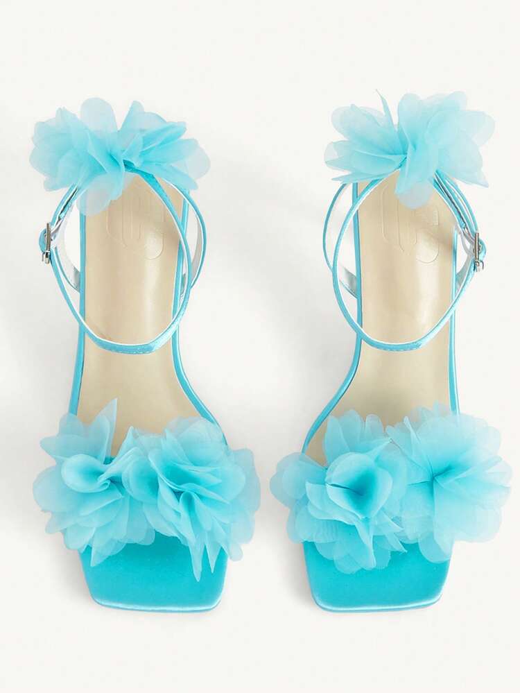 CUCCOO CHICEST Women Shoes Blue Flower Decoration Square Heel High Heel Sandals Sexy Dating Wedding Vacation Party
