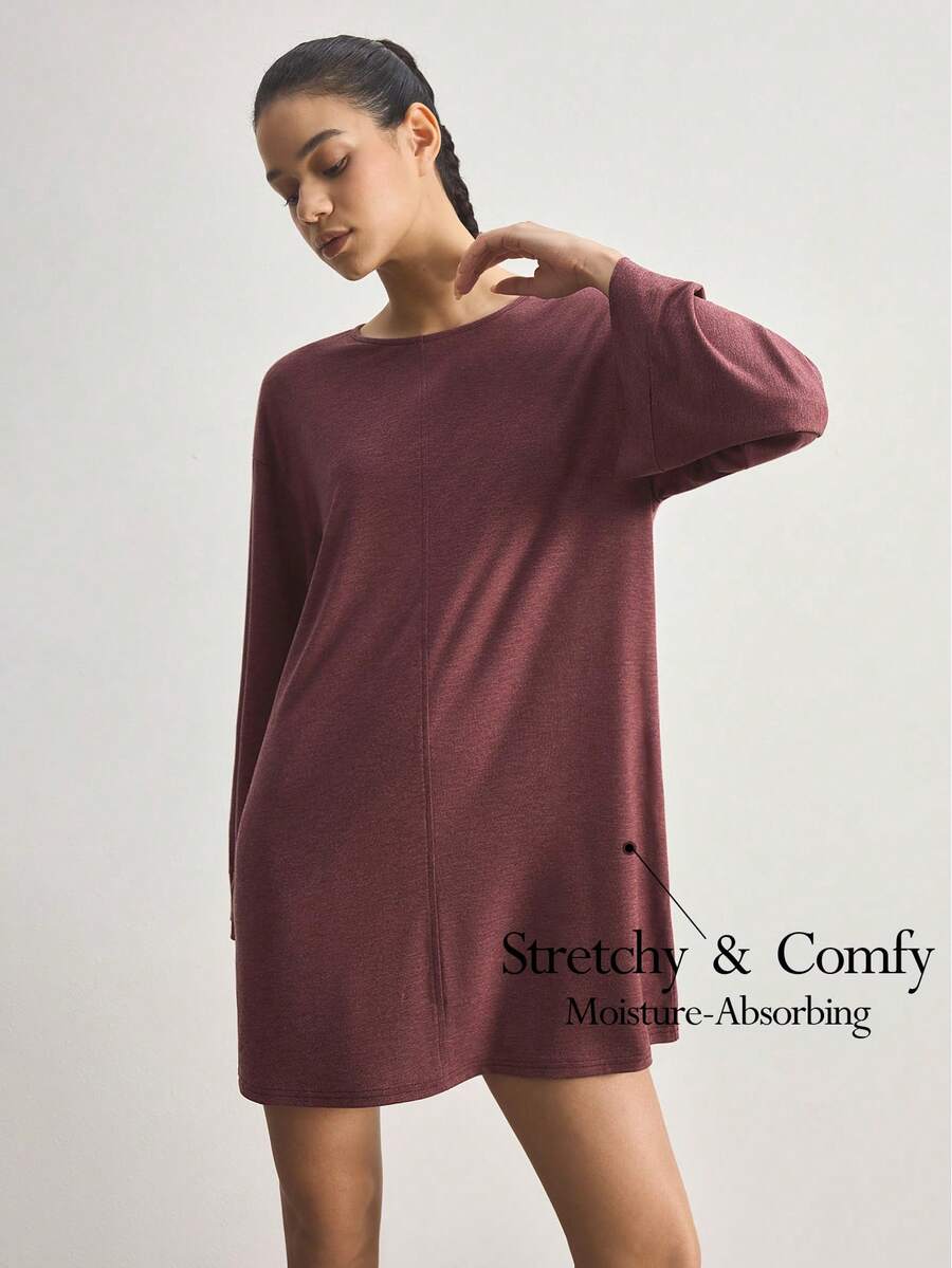 Ocili 女士纯色圆领休闲长袖家居服连衣裙 - 酒紅色 - 查看 1