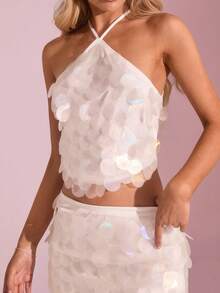 SHEIN Glamour 白色夏季 70 年代生日派對迪斯可亮片刺繡迷你裙女款，優雅流蘇寬腿褲，夜店海灘時尚穿搭 - 白色 - 查看 3