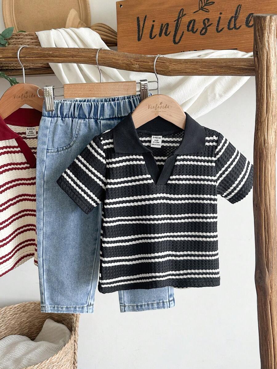 SHEIN Vintaside Kids 男童休闲翻领短袖上衣搭配时尚水洗牛仔裤套装,适合日常穿着、家庭露营、外出就餐或购物。 - 彩色 - 查看 1