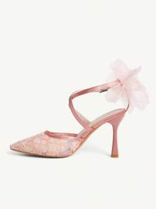 CUCCOO CHICEST Giày nữ mùa thu mới, quai lưới, quai ngang, họa tiết hoa, cao gót, mũi nhọn, thêu. - Hồng - Xem 10
