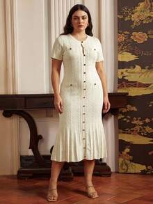 Anewsta Vestido formal de talla grande blanco de otoño, elegante, de color liso, de punto pesado con cable de cuerda retorcida, volantes en el bajo, abotonado, plisado y con cola de sirena - Albaricoque - Ver 5
