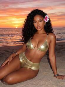 BamGleam 女士度假沙滩金色箔片泳衣两件套 - 金色 - 查看 1