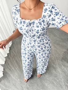 GlowEve CURVE Damen Große Größen Blümchen Taille Raffung Puffärmel Lang Jumpsuit - Weiss - Übersicht 6