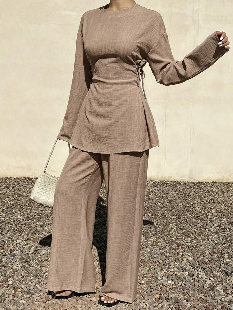 Women's Solid Color Tie-Up Design Long Sleeve Top And Wide Leg Pants Casual 2 Pieces Set