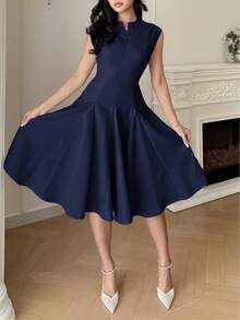 Feyla Women's Solid Color Elegant Fitted Short Dress, Summer - Navy Blue - View 4