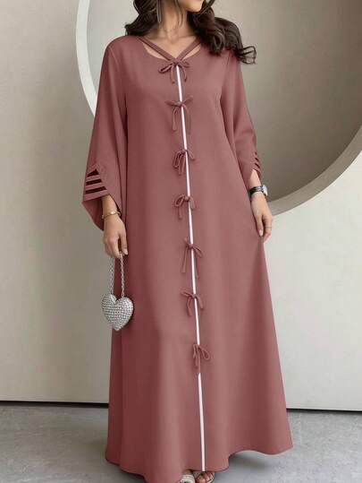 Yasmyna Đầm maxi dài tay màu trơn thắt nơ kiểu Thổ Nhĩ Kỳ dành cho nữ & Áo Abaya truyền thống Ả Rập