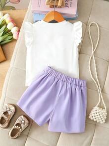 Elladie kids 4-7岁女童两件套：可爱蝴蝶结装饰串珠短袖上衣和松紧腰串珠开衩短裤，适合日常生活、派对和其他场合。 - 紫色 - 查看 5