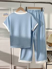 Tween Girls Casual All-Match Versatile Daily Wear Black & White Contrast Trim Round Neck Raglan Sleeve T-Shirt + Straight Leg Knit Pants Set - Blue - View 2