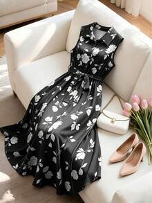 GlowEve CURVE Plus Size Women's Elegant Minimalist Turndown Collar Sleeveless Cinched Waist Long Floral Print Casual Shirt Dress, Spring/Summer - Black - View 1