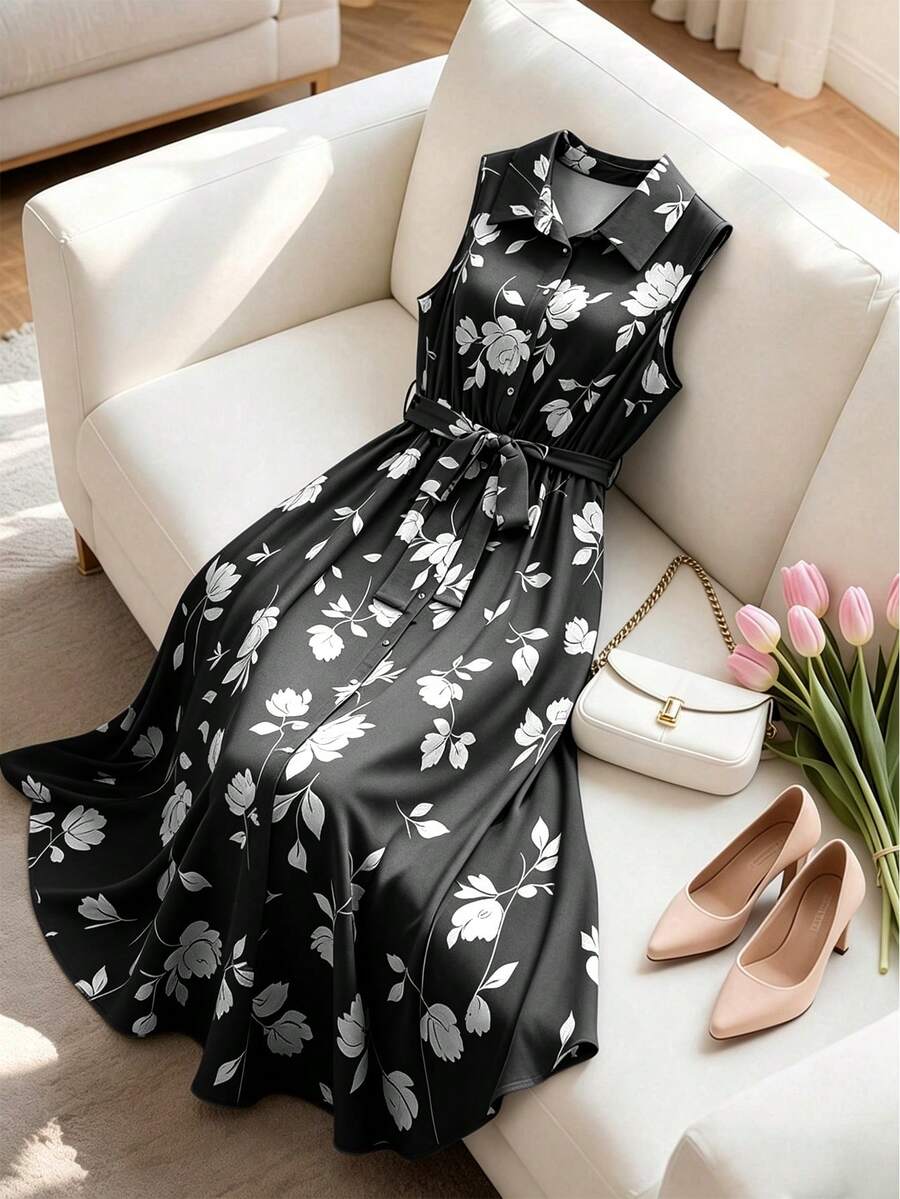 GlowEve CURVE Plus Size Women's Elegant Minimalist Turndown Collar Sleeveless Cinched Waist Long Floral Print Casual Shirt Dress, Spring/Summer - Black - View 1