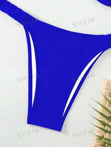 SHEIN Swim Conjunto de bikini sólido y fruncido de moda para mujeres de verano en la playa - azul real - Ver 6