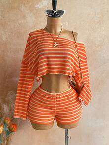 Soleia Women's Striped Asymmetrical Shoulder Long Sleeve Top And Shorts Casual 2-Piece Set - Multicolor - View 7