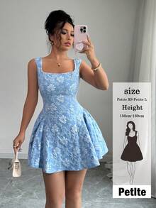 SHEIN PETITE 春夏常规款女士宽领无袖收腰提花蓝色迷你连衣裙，优雅浪漫，适合毕业典礼、舞会、派对、音乐节、度假等场合。 - 藍色 - 查看 1