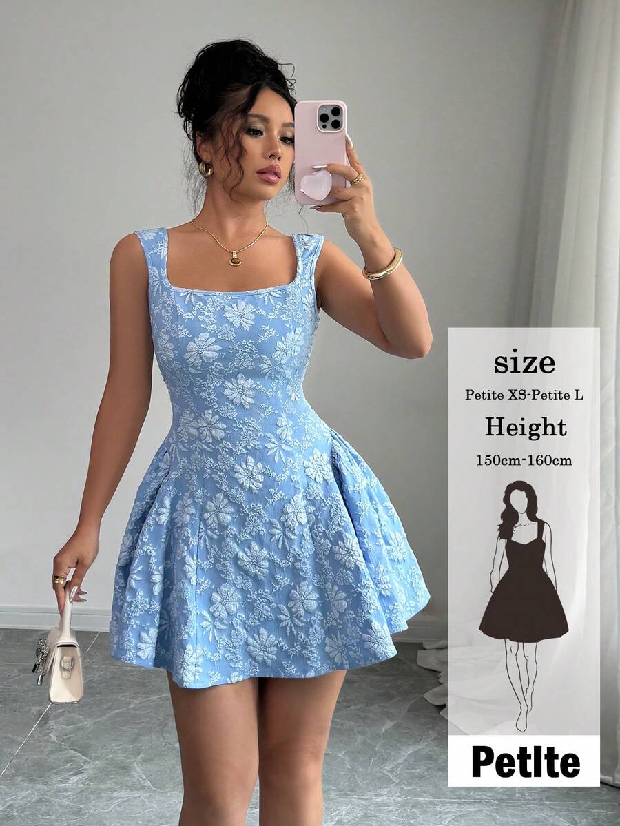 SHEIN PETITE 春夏常规款女士宽领无袖收腰提花蓝色迷你连衣裙，优雅浪漫，适合毕业典礼、舞会、派对、音乐节、度假等场合。 - 藍色 - 查看 1