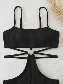 Summer Beach Textured Ring Linked Cut-Out One Piece Swimsuit - Black - View 5