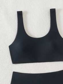 SHEIN Swim Women's Solid Color Bikini Set For Summer Beach & Swimming Pool - Black - View 7