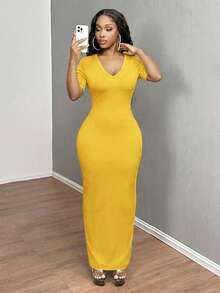 SHEIN SXY 女士纯色V领修身短袖连衣裙 Hoco连衣裙 - 黃色 - 查看 4