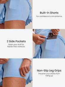 GLOWMODE Váy ngắn xếp ly FeatherFit™-Air Double Time mềm mại như bơ, co giãn, thấm hút mồ hôi, có quần short bên trong, túi hai bên, đế chống trượt và định hình vòng ba, kiểu áo liền thân hở lưng, thích hợp cho tennis, golf, pickleball, và các hoạt động thường ngày. - Xanh da trời - Xem 6