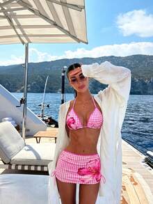 Swim MOD Summer Vcay Beach Vacation Women Halter Neck Gingham Floral Print Triangle Bikini Set With Sheer Mesh Cover Up Skirt - Multicolor - View 5